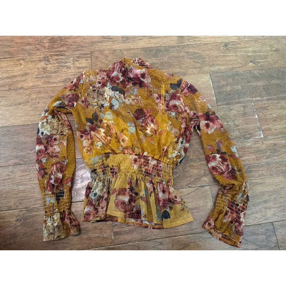 KAII Mustard Yellow Floral Mesh Mock Neck Smocked Peplum Top Small Womens - Picture 2 of 4